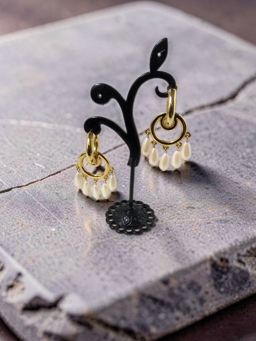 Vintage 1990s Gold Tone and Faux Ivory Pearl Teardrop Dangle Hoop Push Back Earr